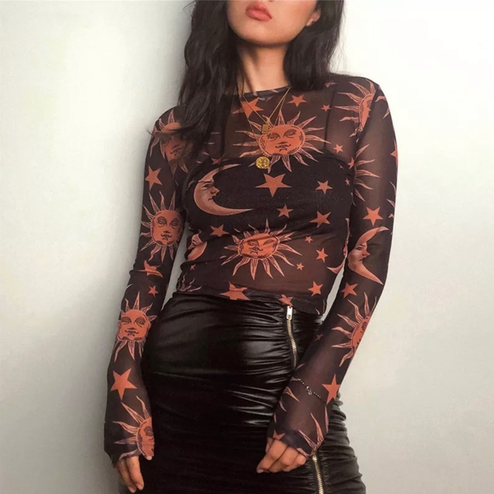 Sheer Black Top NEW Boho Sun Moon Stars Design - Picture 4 of 10
